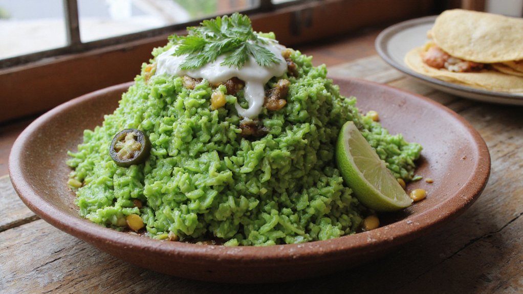 herbaceous toasted rice plating
