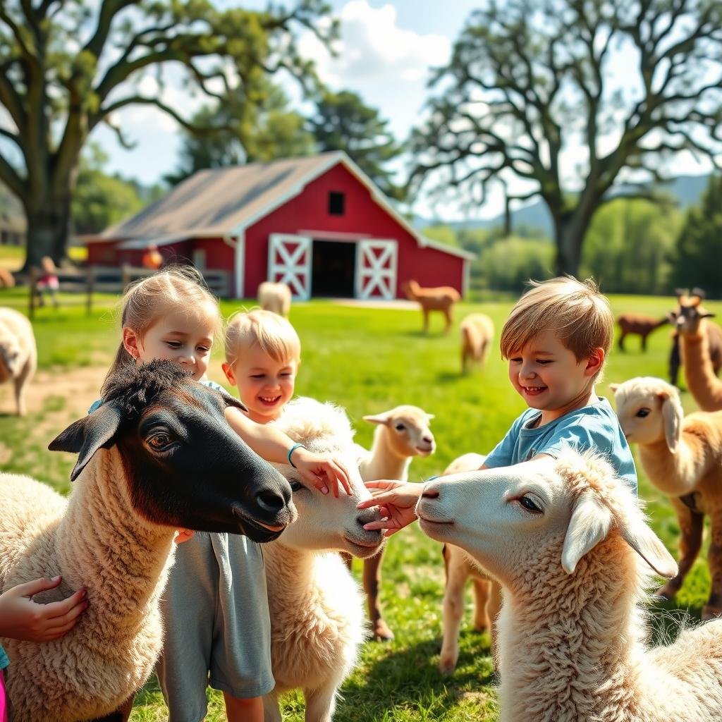 Children petting friendly farm animals